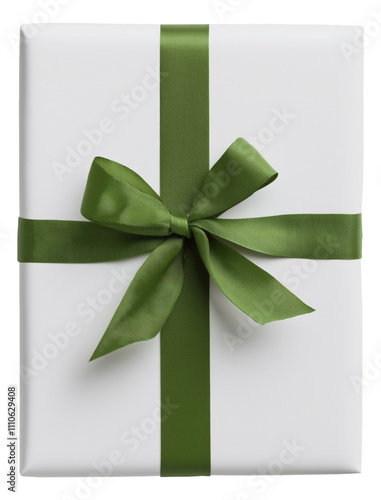 Gift wrapped in white paper with a green ribbon tied in a neat bow, isolated on transparent background. photo