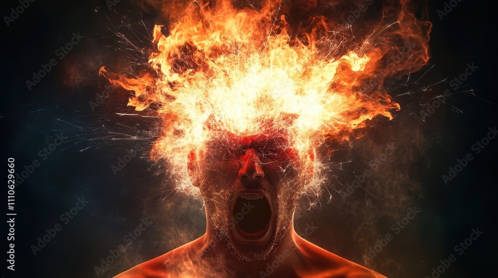 Intense Portrait of a Man with Explosive Fiery Hair and Emotion Intense Portrait of a Man with Explosive Fiery Hair and Emotion