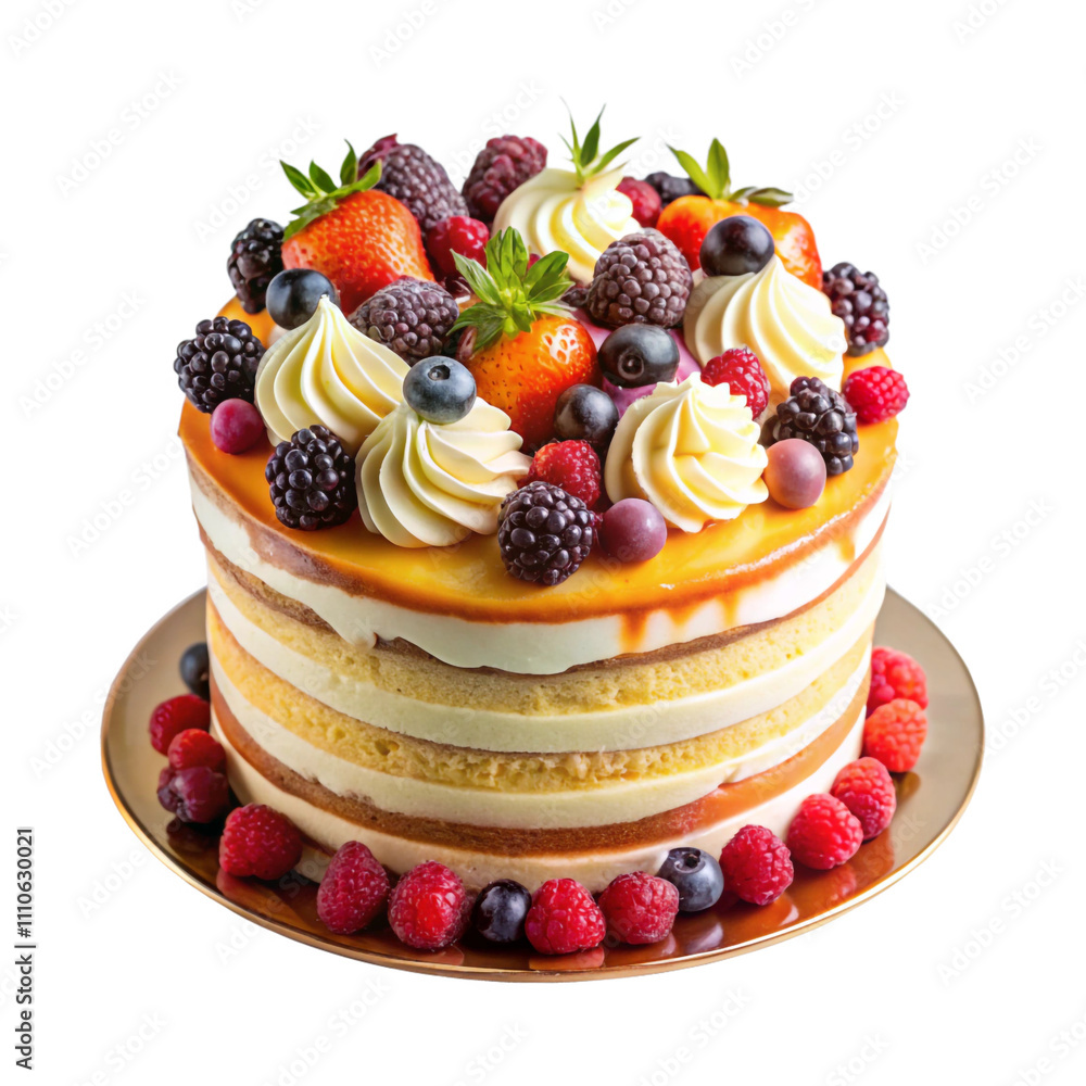 A cake with fruit on it and a strawberry on the top, PNG file. cake with berries