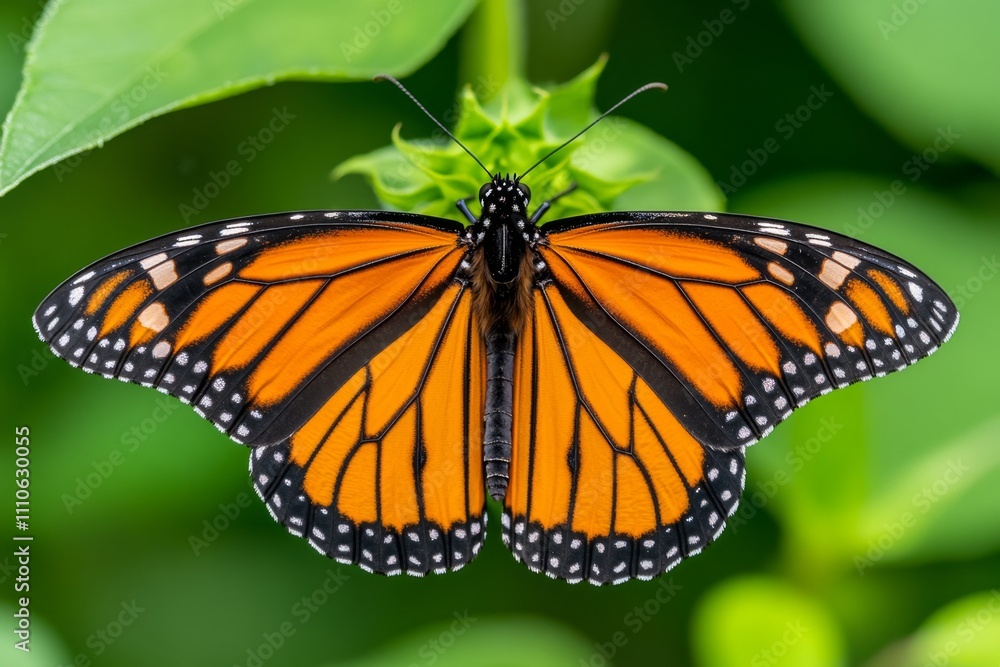 Naklejka premium A close-up of a monarch butterfly perched on a sunflower, its vibrant orange and black wings glowing in the sunlight