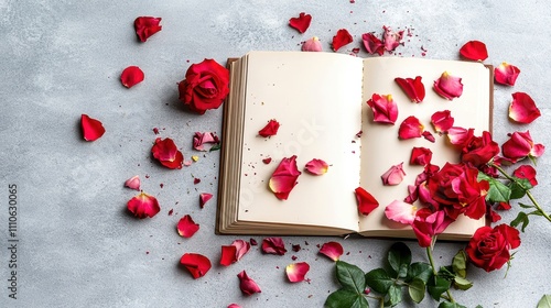 An open book surrounded by scattered rose petals on a gray surface.