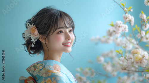 成人式のために着物を着た女性