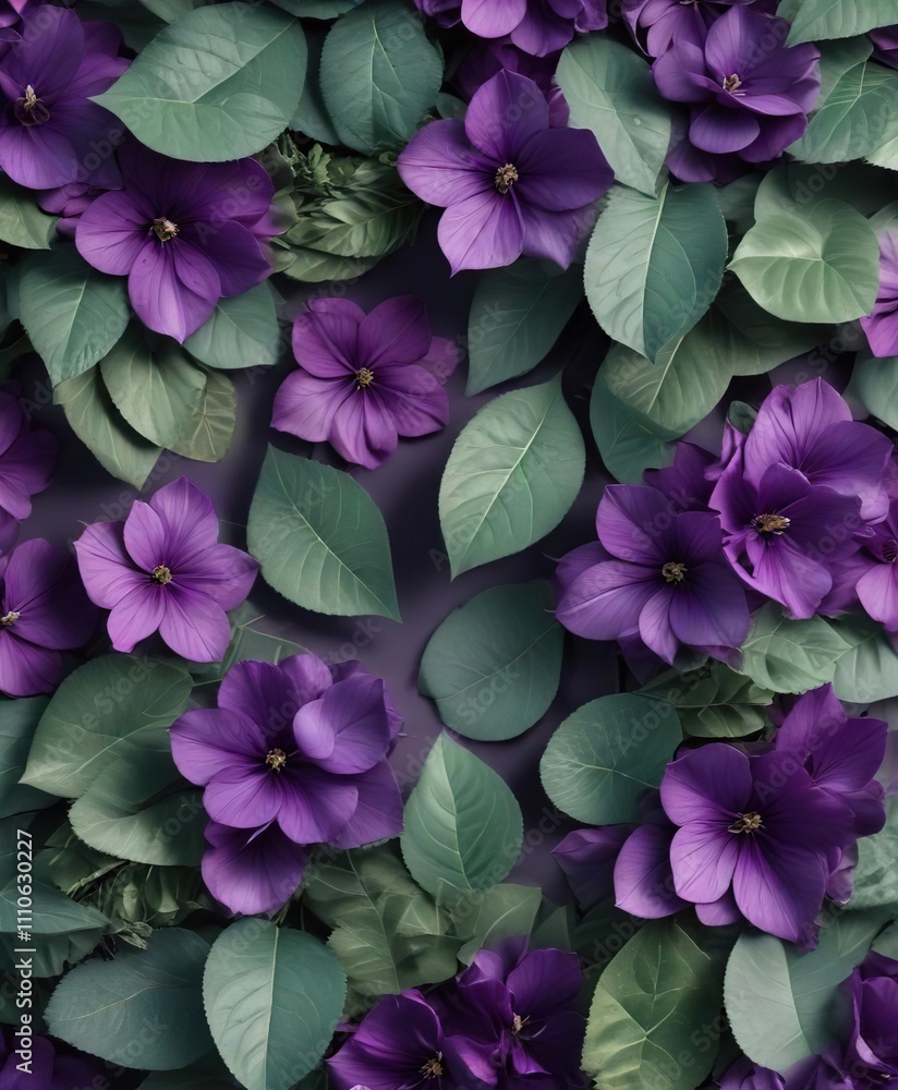 Composition of purple petals and green leaves in pattern, seamless, art Composition of purple petals and green leaves in pattern, seamless, art