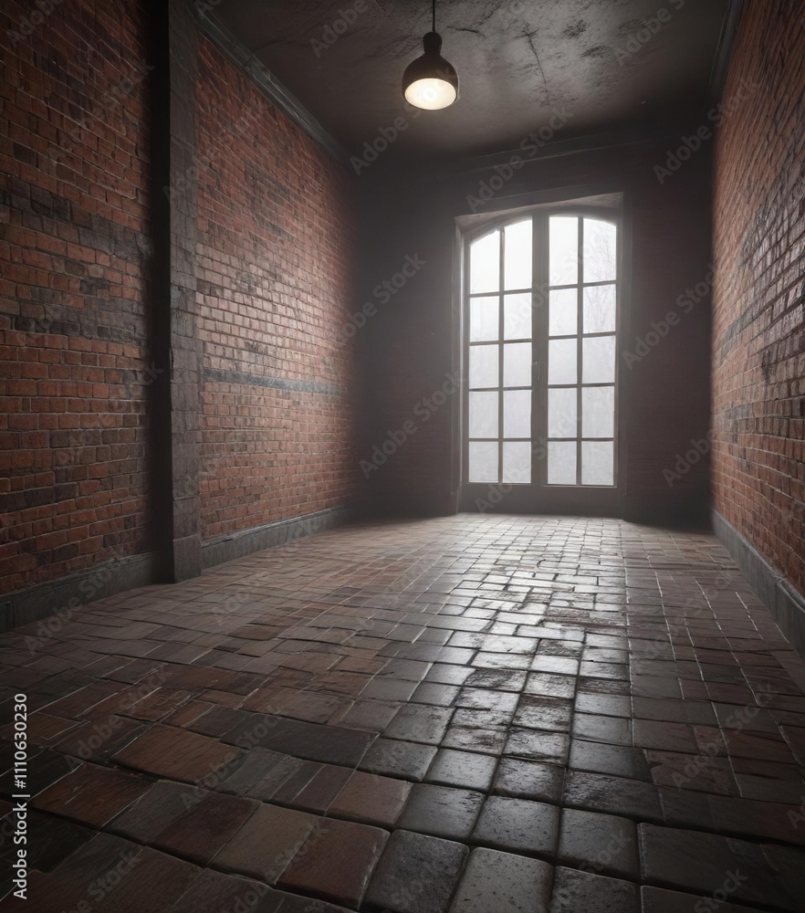 eerie atmosphere in a room with tile floor and brick walls, industrial, mysterious eerie atmosphere in a room with tile floor and brick walls, industrial, mysterious