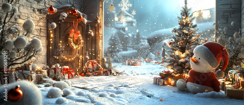 Cozy winter fairytale. 3d scene with christmas village, snowy landscape, street garland, lights, christmas tree, decorations. Holidays background. Greeting card. Happy new year. Generative ai