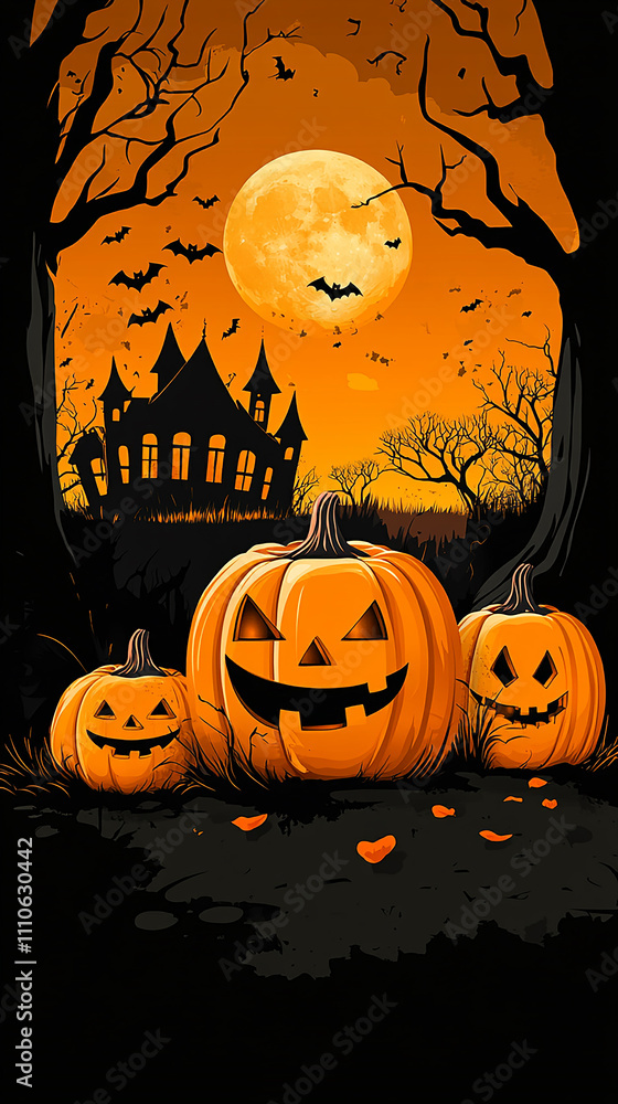 Halloween Jack O Lanterns Haunted House Moonlit Night