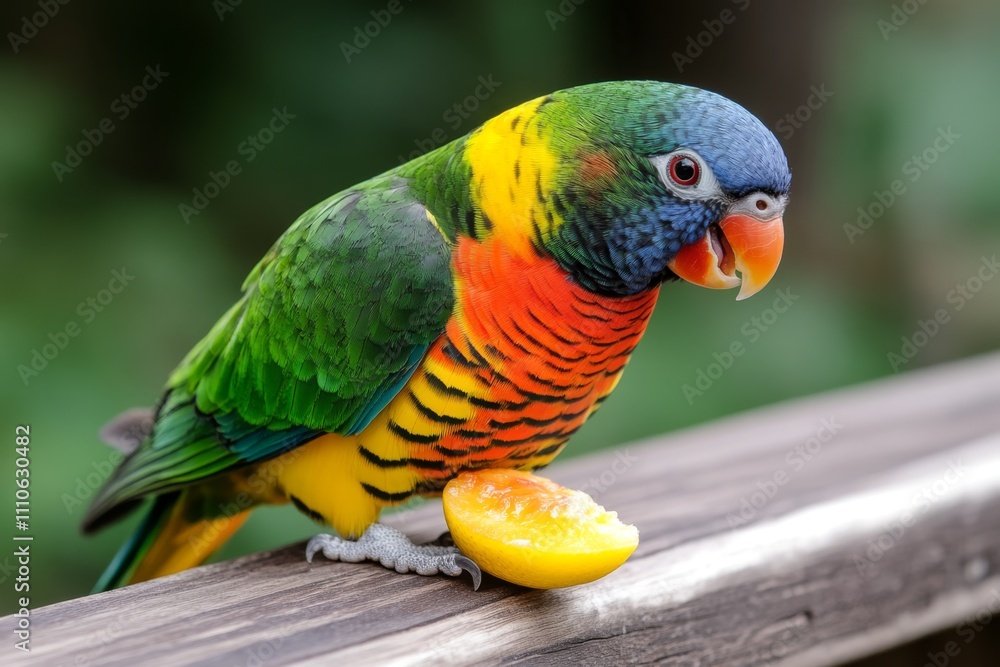 Fototapeta premium A colorful parakeet in a cozy cage, nibbling on a piece of fruit with a playful expression