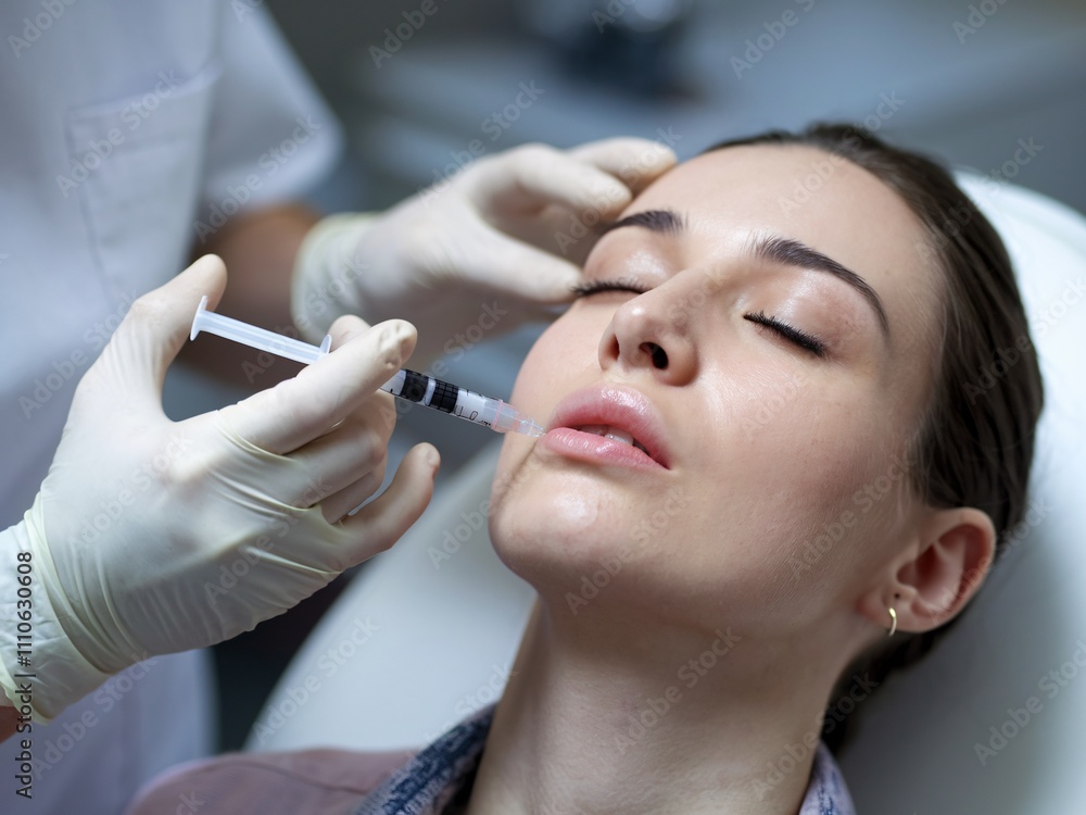 Close-up of a woman receiving a facial injection, focusing on the delicate details of the procedure. The image conveys a sense of trust, expertise, and the pursuit of beauty through modern aesthetics.