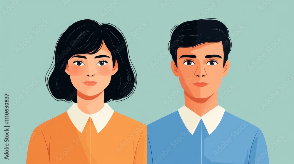 Illustration of man and woman with modern hairstyles and casual clothing Illustration of man and woman with modern hairstyles and casual clothing