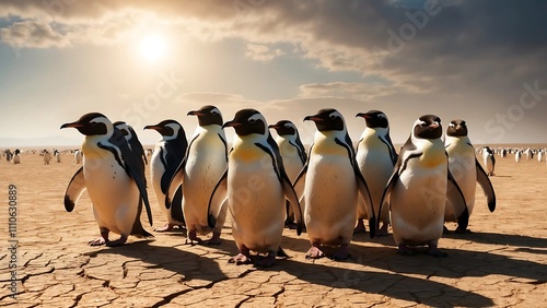 a group of penguins in a barren land photo