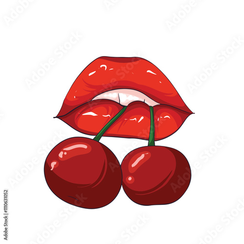 red cherry on lips with a white background vector illustration art