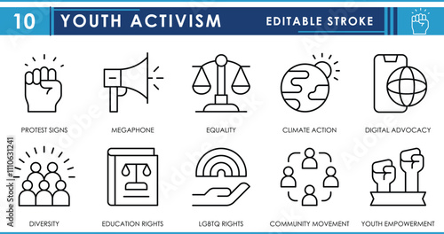 A set of line icons related to Youth Activism. Protest, megaphone, equality, climate action, advocacy, youth empowerment, and so on. Vector editable stroke.