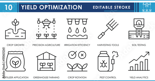 A set of line icons related to Yield Optimization. Crop growth, precision, irrigation, tools, soil testing, fertilizer, pest control, and so on. Vector editable stroke.