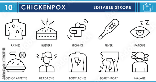A set of line icons related to symptoms of Chickenpox. Rashes, blisters, itching, fever, fatigue, no hunger, headache, sore throat, and so on. Vector editable stroke.