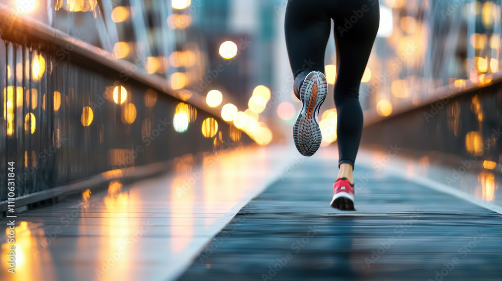 Fototapeta premium athlete fitness concept. person running on city bridge at night, with blurred lights