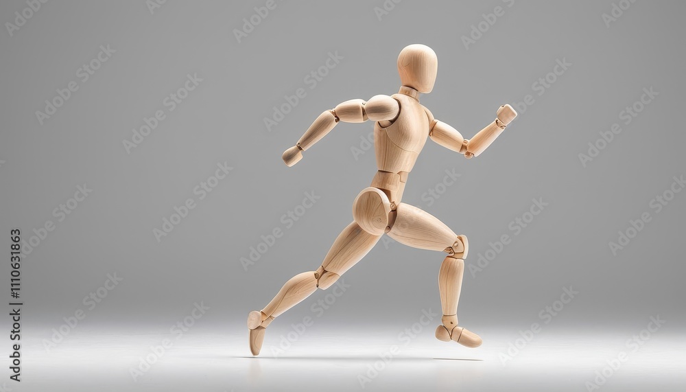 Small wooden mannequin in motion, frozen mid-run, on a neutral light gray background for a sleek and minimalist aesthetic Small wooden mannequin in motion, frozen mid-run, on a neutral light gray background for a sleek and minimalist aesthetic