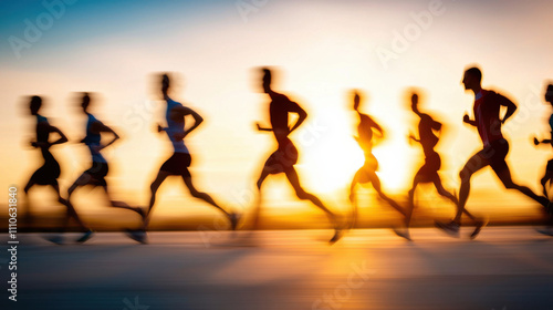 Blurred silhouettes of runners in motion against vibrant sunset