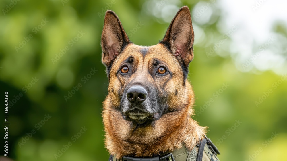 Intense Portrait of a Strong K9 Dog Gazing Confidently Towards the Camera in a Natural Outdoor Setting Intense Portrait of a Strong K9 Dog Gazing Confidently Towards the Camera in a Natural Outdoor Setting