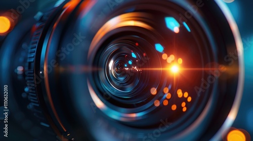 Closeup of professional video camera lens with lens flare, filmmaking and videography concept 