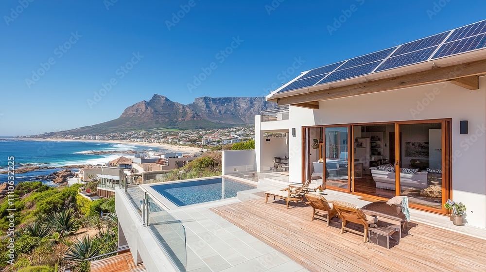 Fototapeta premium Stunning Coastal Villa in South Africa Showcasing Innovative Solar Panel Design with Breathtaking Views of Nature and Modern Architecture