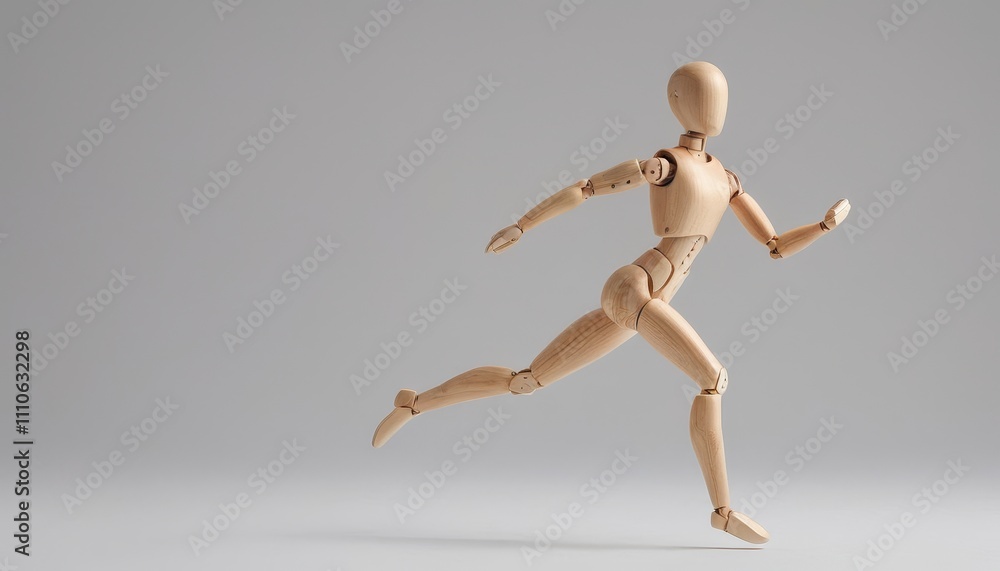 Articulated wooden figure in a running pose, displayed on a soft light gray background with clean, modern lines Articulated wooden figure in a running pose, displayed on a soft light gray background with clean, modern lines