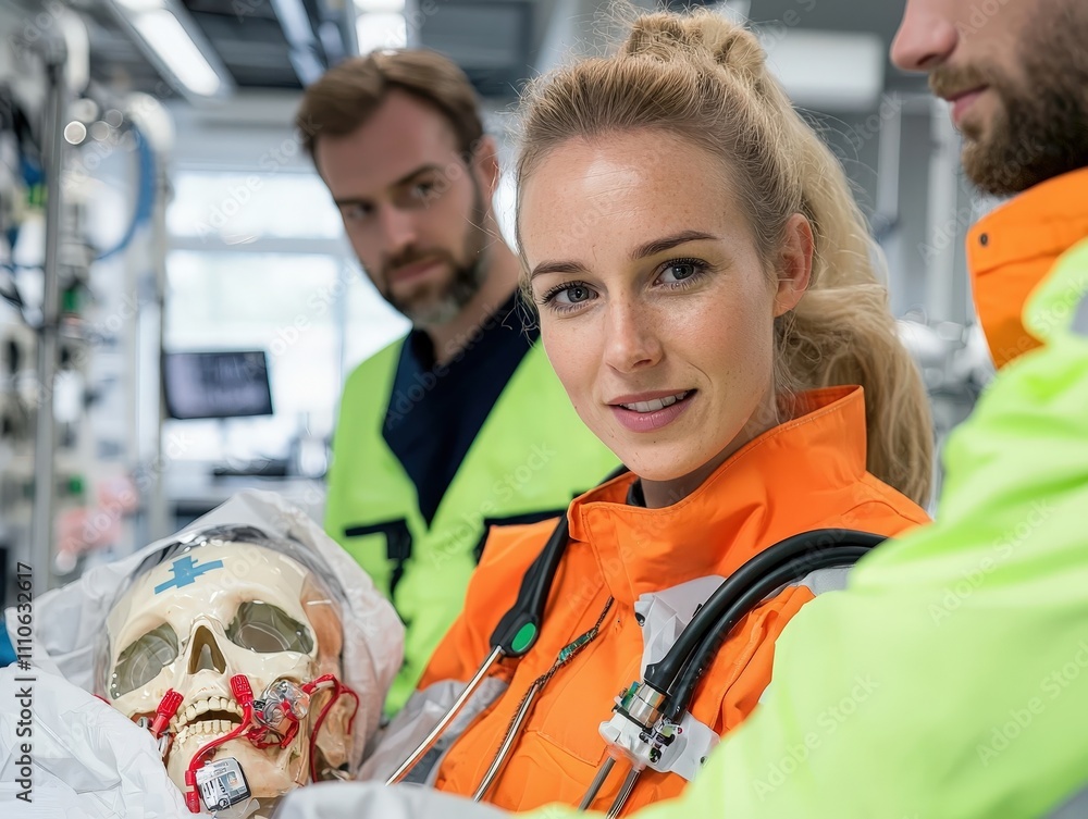 Emergency Medical Technicians Engaged in Training Session with Medical Equipment and Anatomy Models in Modern Facility Environment Emergency Medical Technicians Engaged in Training Session with Medical Equipment and Anatomy Models in Modern Facility Environment