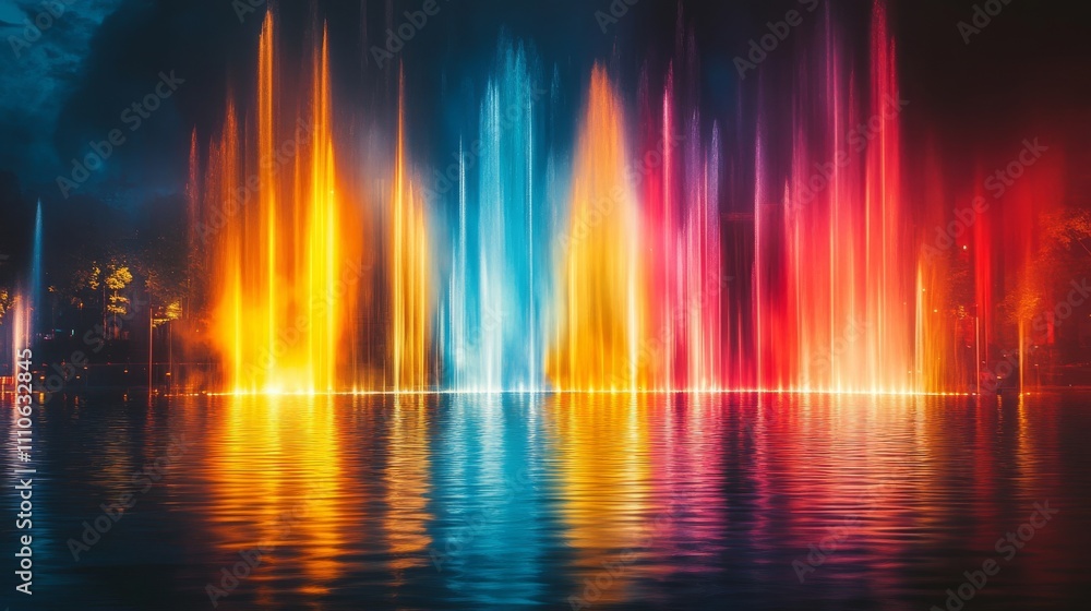 Naklejka premium Illuminated Water Fountains Displaying Vibrant Colors At Night