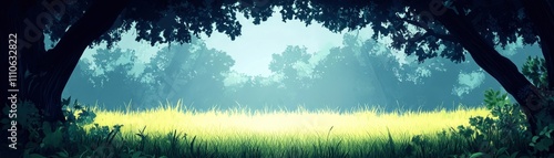 Serene forest scene with light filtering through trees, illuminating a lush green meadow.