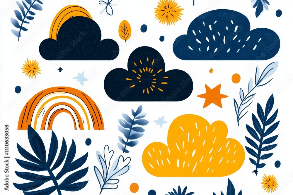 A flat design of layered clouds and rainbows, drawn in vibrant colors, set on a plain white canvas A flat design of layered clouds and rainbows, drawn in vibrant colors, set on a plain white canvas