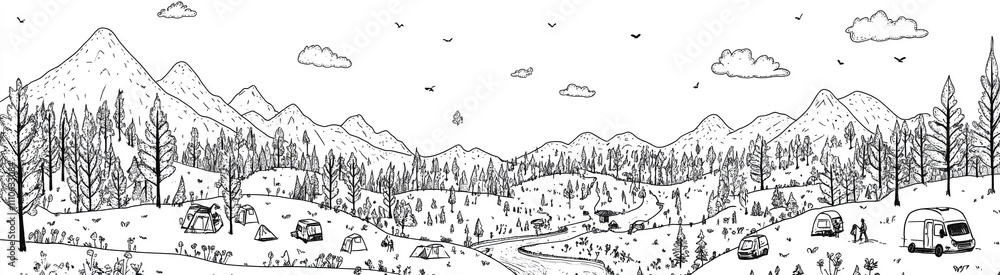 Fototapeta premium Scenic camping landscape with mountains, trees, and a winding river during a clear sky