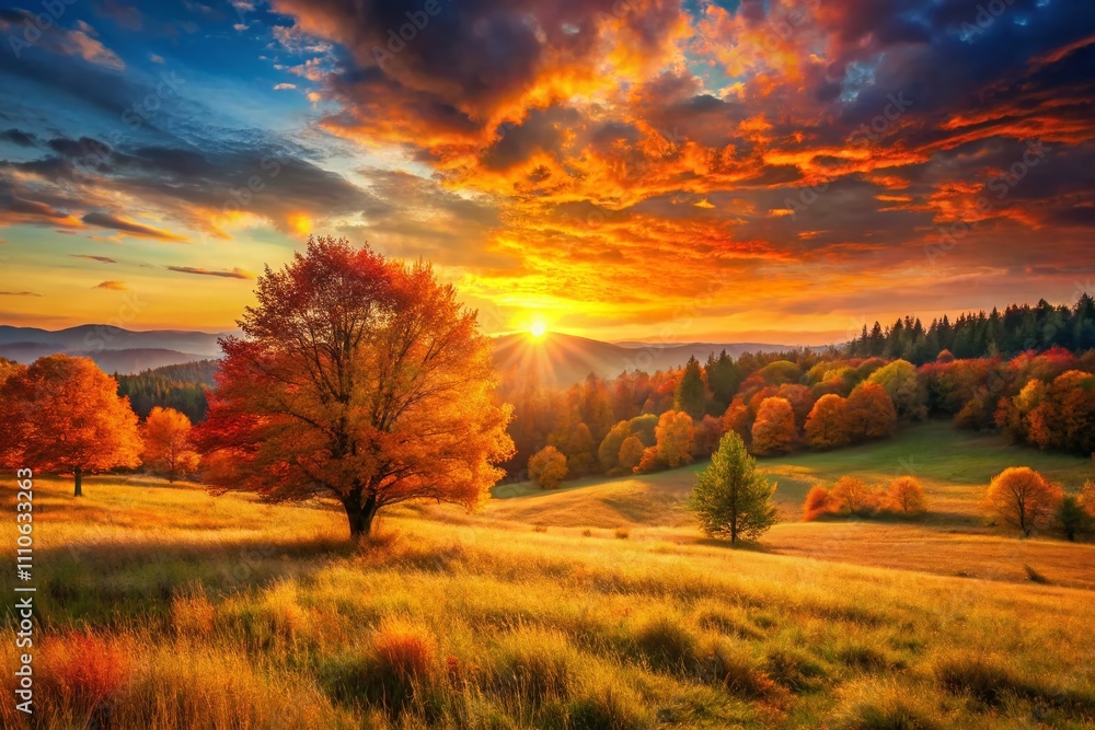 Captivating Autumn Landscape at Sunset with Expansive Grassland and Vibrant Orange Sky, Perfect for Concept Art, Book Illustration, and Video Game Backgrounds in Serene Digital Painting Style Captivating Autumn Landscape at Sunset with Expansive Grassland and Vibrant Orange Sky, Perfect for Concept Art, Book Illustration, and Video Game Backgrounds in Serene Digital Painting Style