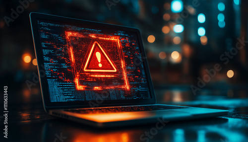 Laptop screen shows a warning sign