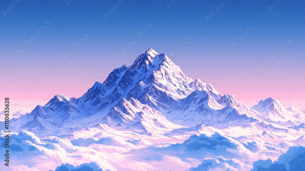 Majestic snow-capped mountain peak illuminated by a pastel sky, surrounded by fluffy clouds. Majestic snow-capped mountain peak illuminated by a pastel sky, surrounded by fluffy clouds.