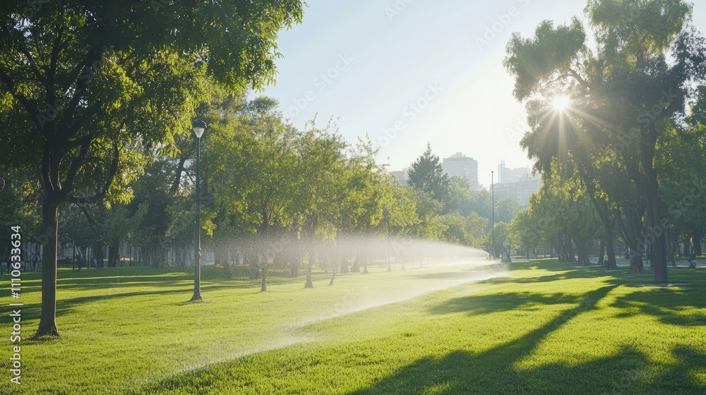 Obraz premium Irrigation sprinklers watering a city park with tall trees and well-maintained grass