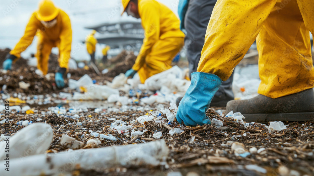 Cleaning team removing plastic waste from polluted beach Cleaning team removing plastic waste from polluted beach