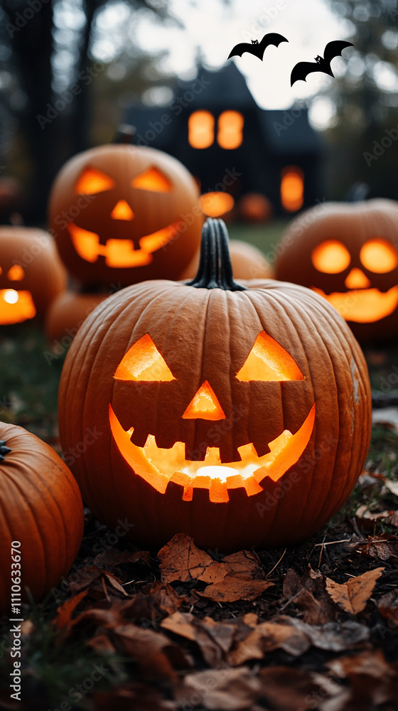 Illuminated Jack O Lanterns Amongst Autumn Leaves Illuminated Jack O Lanterns Amongst Autumn Leaves