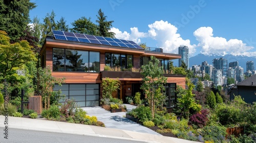 Modern Flat Roofed House in Urban Setting Surrounded by Lush Greenery and Lively Cityscape Under a Clear Blue Sky with Mountain Backdrop