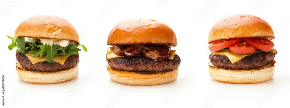 A trio of gourmet sliders with assorted toppings, isolated white background, surreal art style A trio of gourmet sliders with assorted toppings, isolated white background, surreal art style