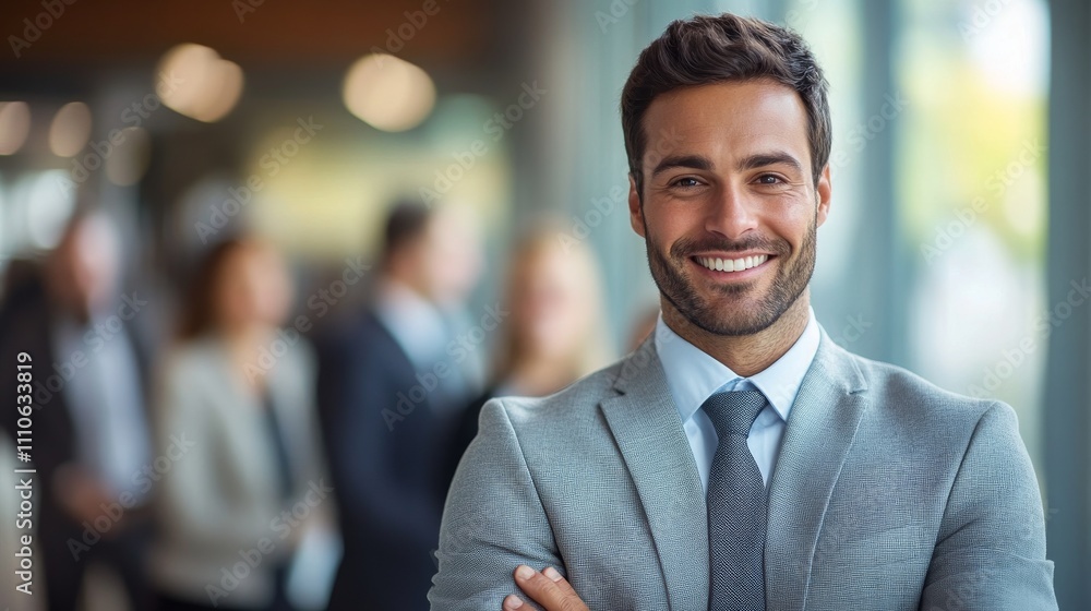 Confident Businessman Smiling in Modern Office Setting Confident Businessman Smiling in Modern Office Setting