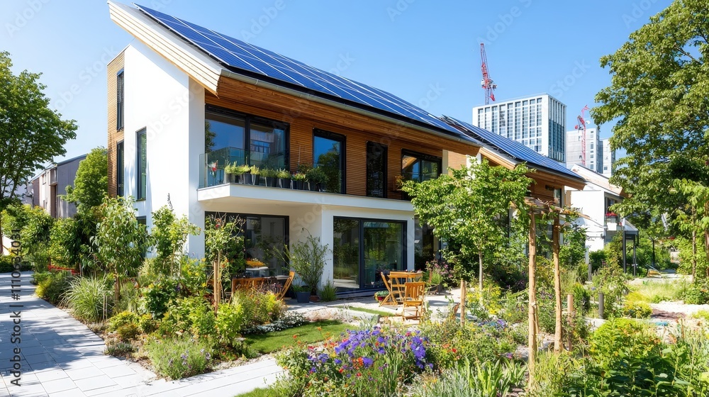 Modern townhouse in London featuring panoramic views, eco-friendly design, and lush garden landscapes under clear blue skies Modern townhouse in London featuring panoramic views, eco-friendly design, and lush garden landscapes under clear blue skies