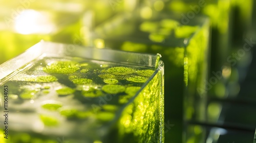 Sunlight streams through a Chlorella farm, illuminating rows of glass bioreactors teeming with the vibrant green microalgae. 