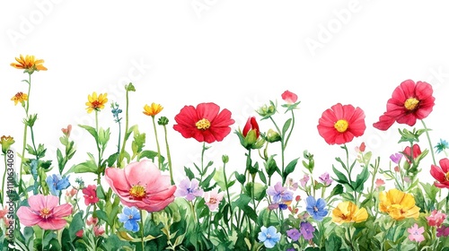A vibrant garden filled with colorful flowers against a white isolated background.