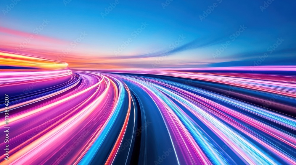 Vibrant light trails create a dynamic, colorful motion effect against a twilight sky. Vibrant light trails create a dynamic, colorful motion effect against a twilight sky.