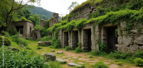 Standing amidst the forgotten remnants of the Cattlewash Ruins, a hauntingly beautiful landscape unfolds as ancient stone structures, cloaked in a verdant shroud of overgrowth. photo