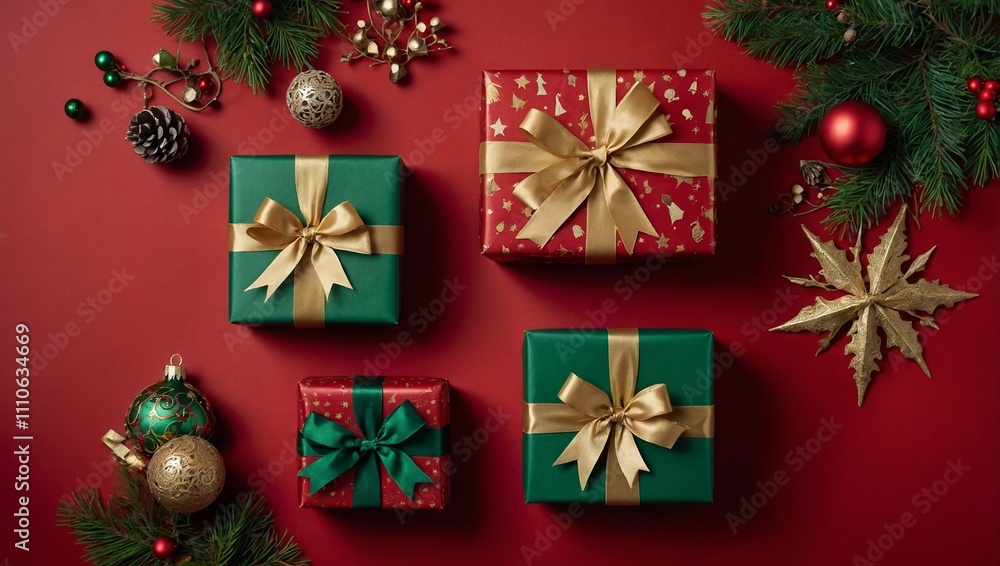 Christmas gift on a monochrome studio background, Christmas tree decorations. Gift box with ribbon, purple, green, red Christmas gift on a monochrome studio background, Christmas tree decorations. Gift box with ribbon, purple, green, red