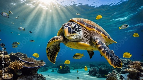 Sea turtle swimming in tropical sea, diving lessons advertisement, aquarium photo