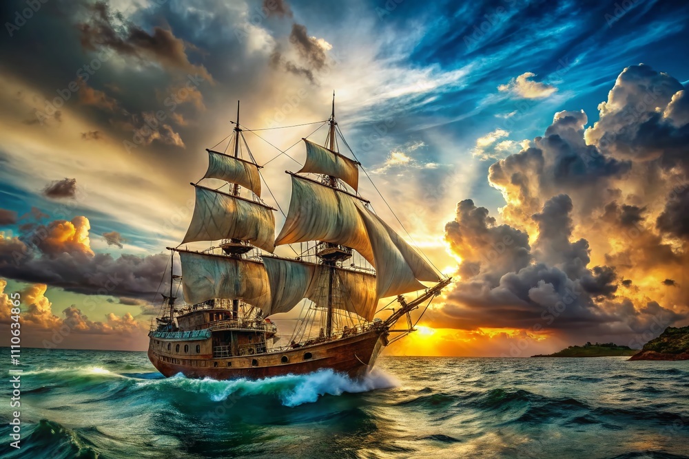 Fototapeta premium Captivating Buccaneers Adventure: A Panoramic View of a Pirate Ship Sailing the High Seas with Dramatic Clouds and a Distant Tropical Island in the Background