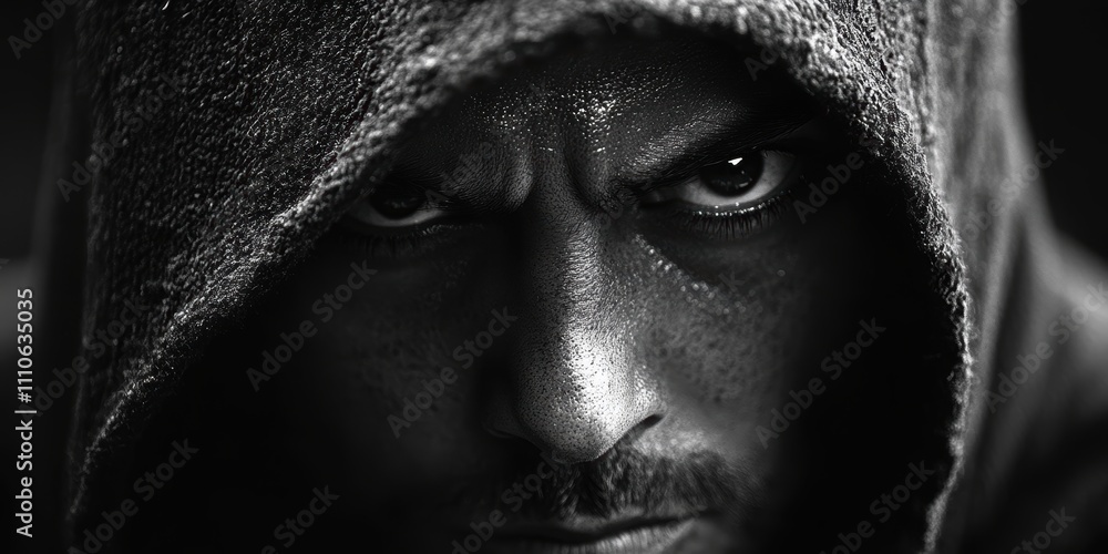 A mysterious figure cloaked in deep shadows, with an intense gaze, hints at secrets and untold stories enveloped in the folds of a textured hood A mysterious figure cloaked in deep shadows, with an intense gaze, hints at secrets and untold stories enveloped in the folds of a textured hood