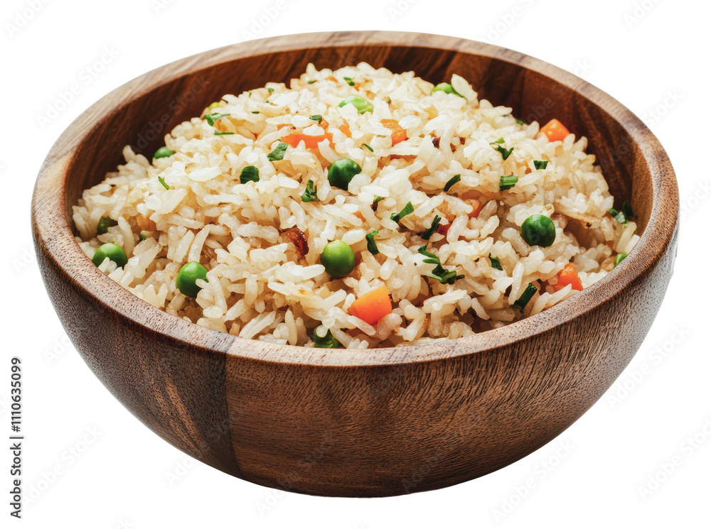 Delicious vegetable fried rice in a wooden bowl, cut out - stock png. Delicious vegetable fried rice in a wooden bowl, cut out - stock png.