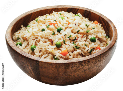 Delicious vegetable fried rice in a wooden bowl, cut out - stock png.